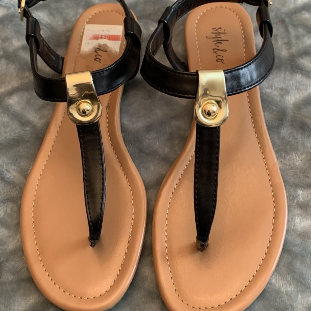 Style & Co. Black T-Strap Sandals with Gold Accent size 7.5